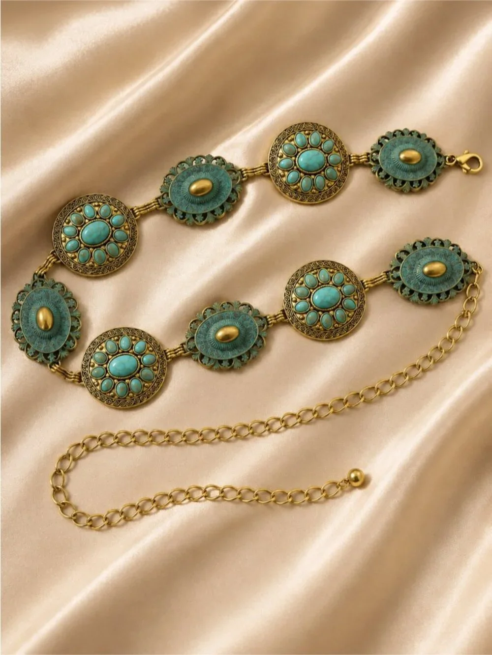 Vintage Turquoise/ blue and Antique Gold Medallion Belt